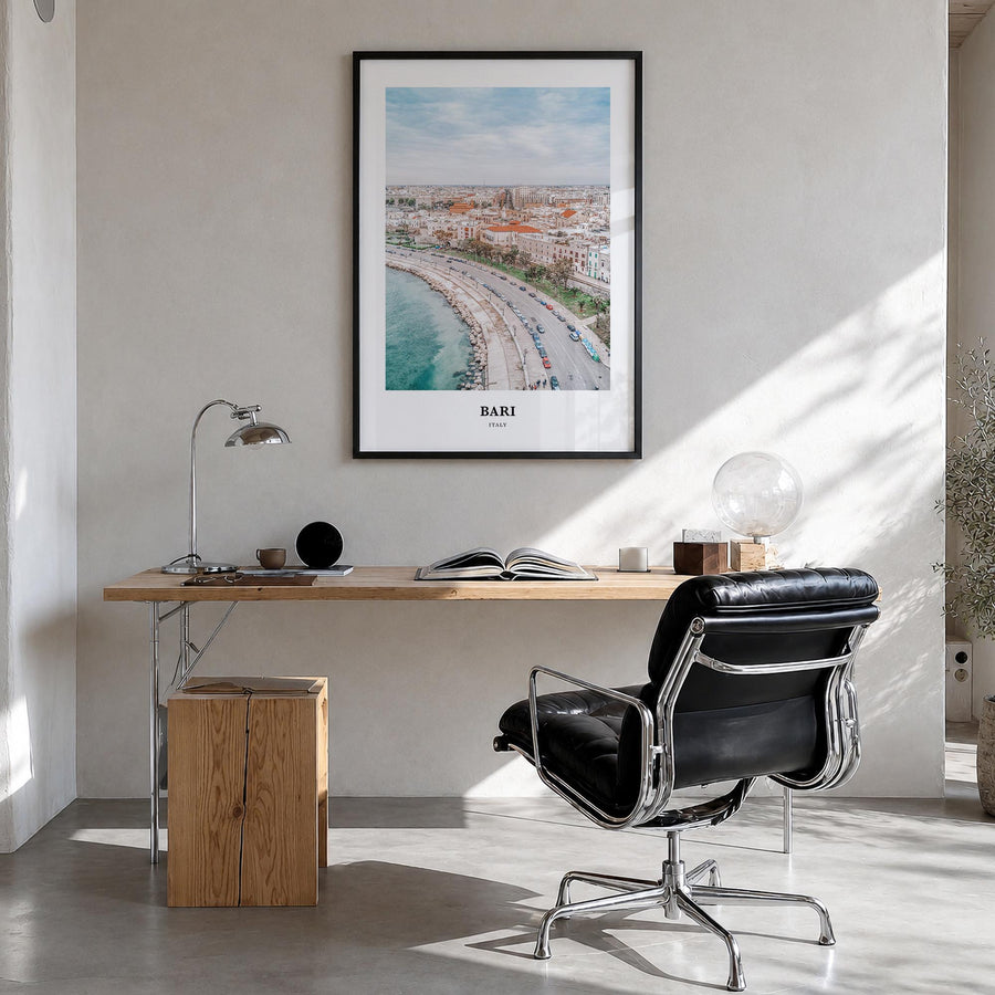 Bari colorful classic poster of Italy – vertical wall art in black wood frame, hanging on wall