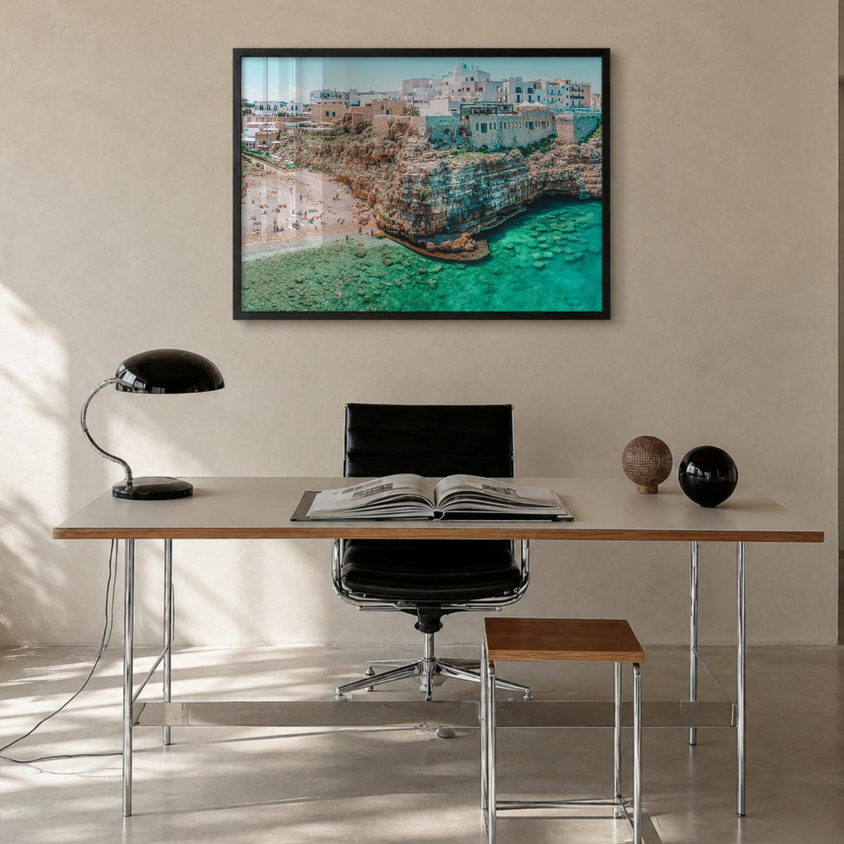Bari colorful photo poster of Italy – horizontal wall art in black wood frame, hanging on wall