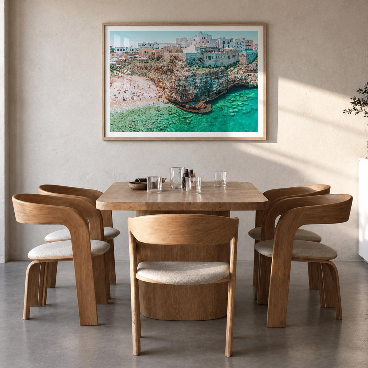 Bari colorful photo poster of Italy – horizontal wall art in natural wood frame with white border, hanging on wall