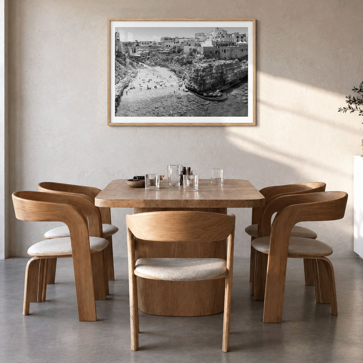 Bari Photo Poster in a natural wood frame, hanging in a dining room, white border