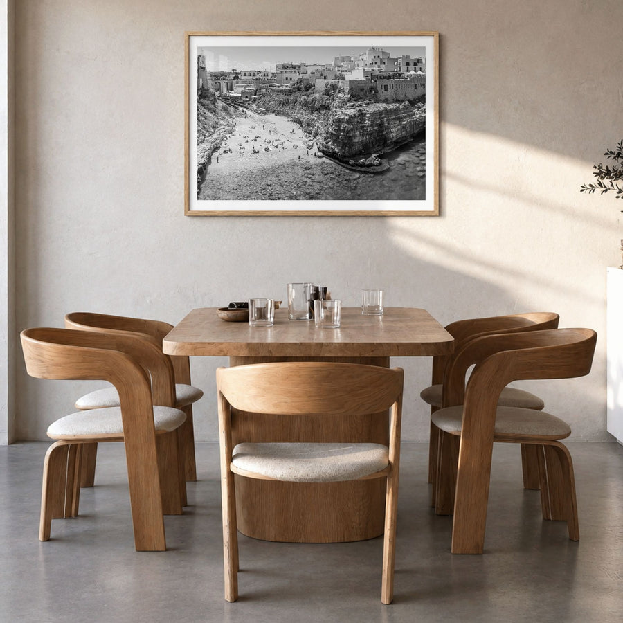 Bari Photo Poster in a natural wood frame, hanging in a dining room, white border