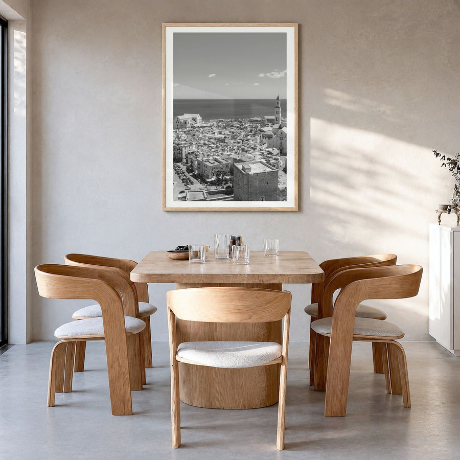 Bari Photo Poster in a natural wood frame, hanging in a dining room, white border