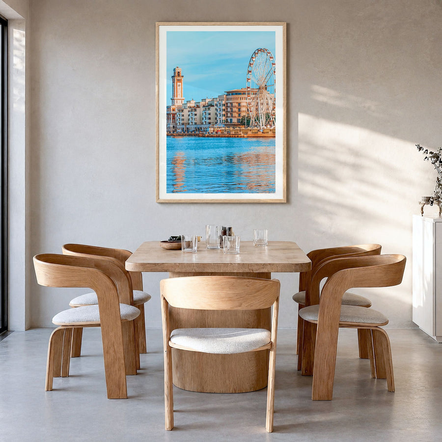 Bari Photo Poster in a natural wood frame, hanging in a dining room, white border