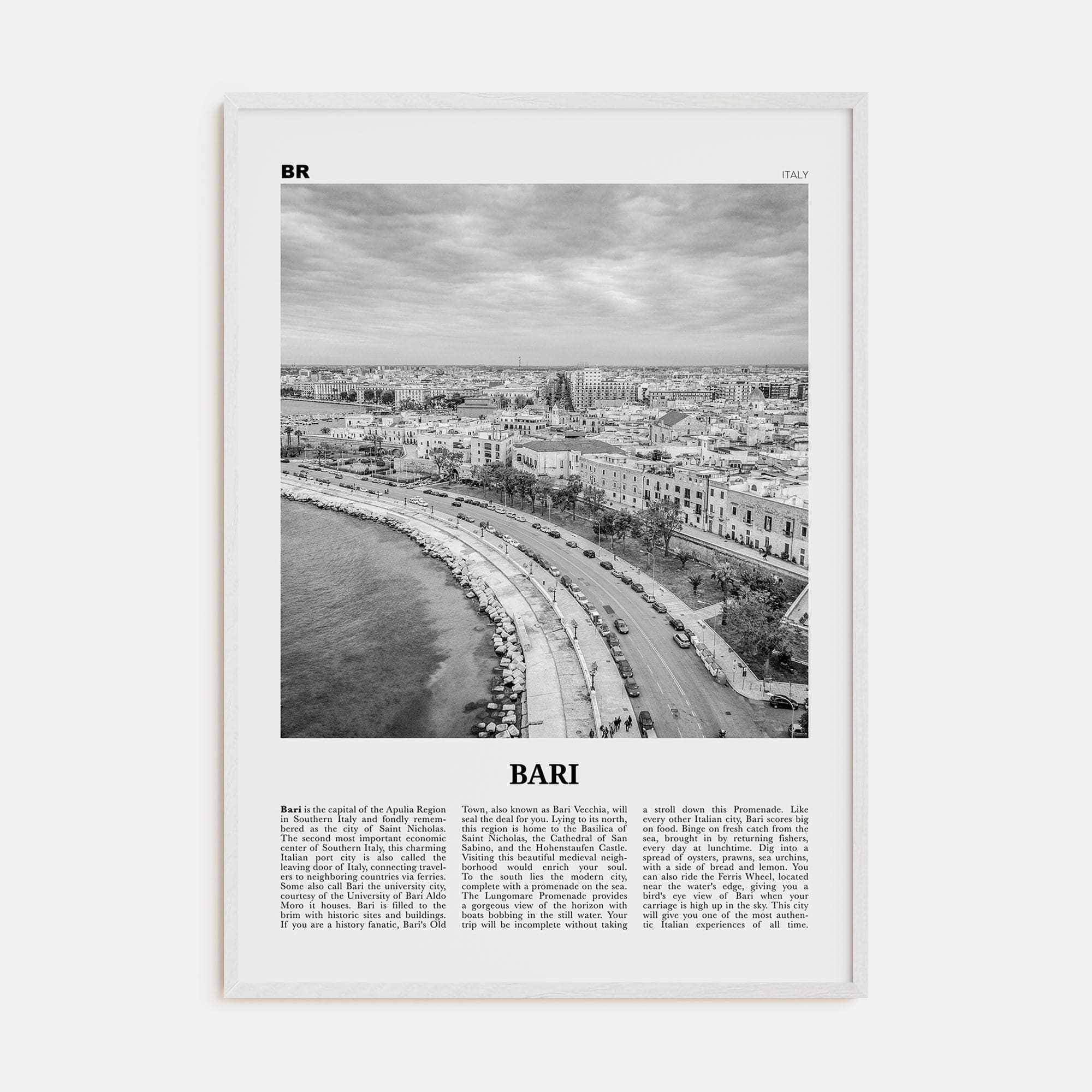 Bari Poster White Wood / 8x12 in Nbourhood Travel B&W Poster