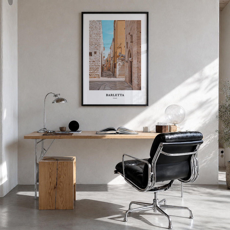 Barletta colorful classic poster of Italy – vertical wall art in black wood frame, hanging on wall