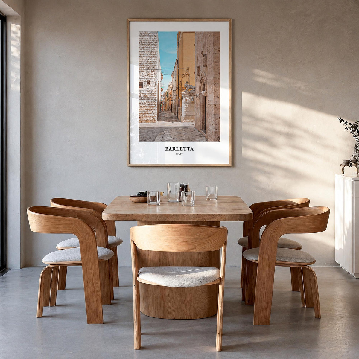 Barletta colorful classic poster of Italy – vertical wall art in natural wood frame, hanging on wall