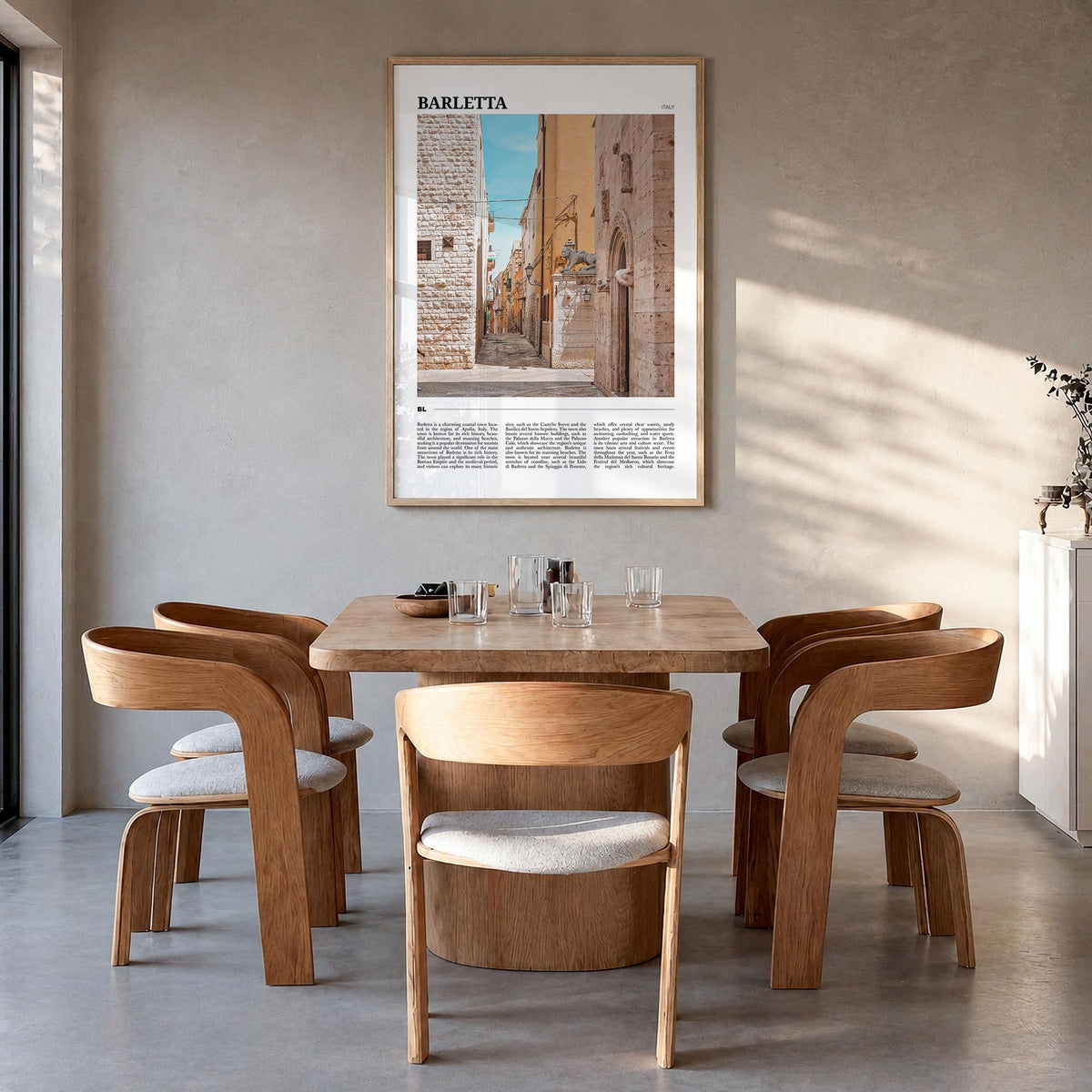 Barletta colorful travel poster of Italy – vertical wall art in natural wood frame, hanging on wall