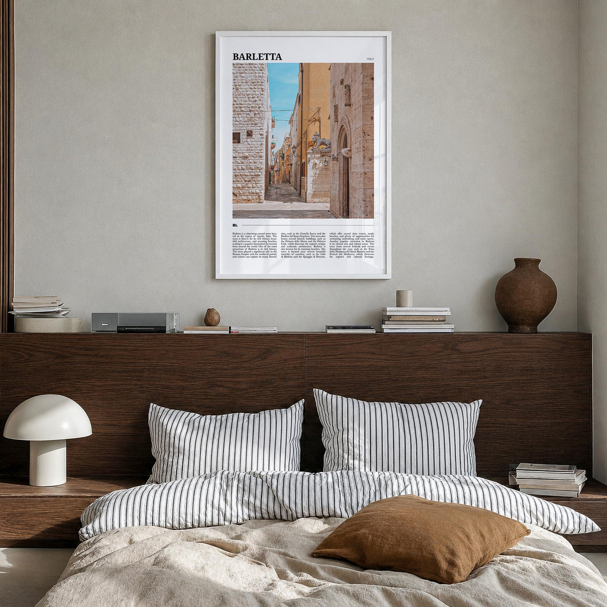 Barletta colorful travel poster of Italy – vertical wall art in white wood frame, hanging on wall