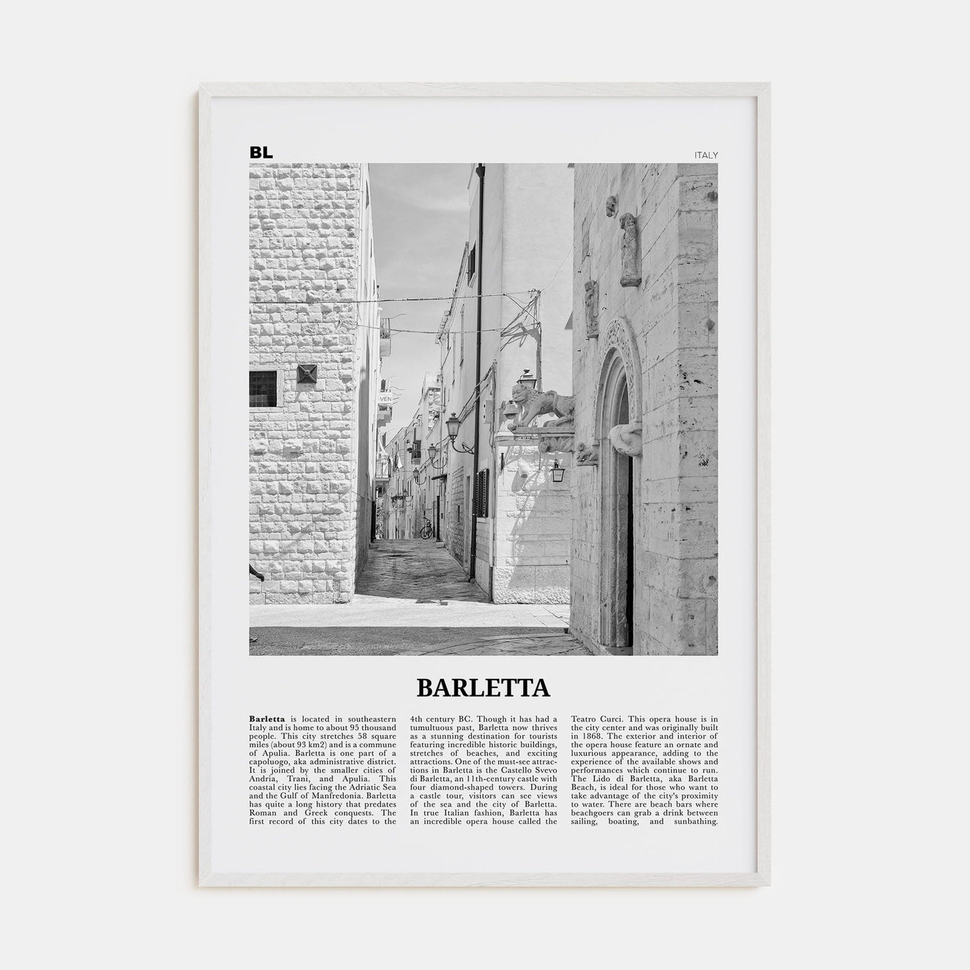 Barletta Poster White Wood / 8x12 in Nbourhood Travel B&W Poster