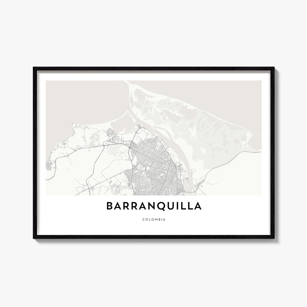 Barranquilla black & white map poster of Colombia – horizontal wall art, unframed print shown in interior mockup
