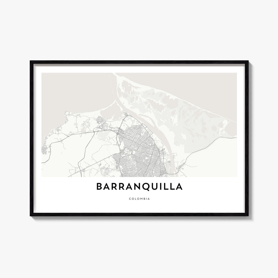 Barranquilla black & white map poster of Colombia – horizontal wall art, unframed print shown in interior mockup