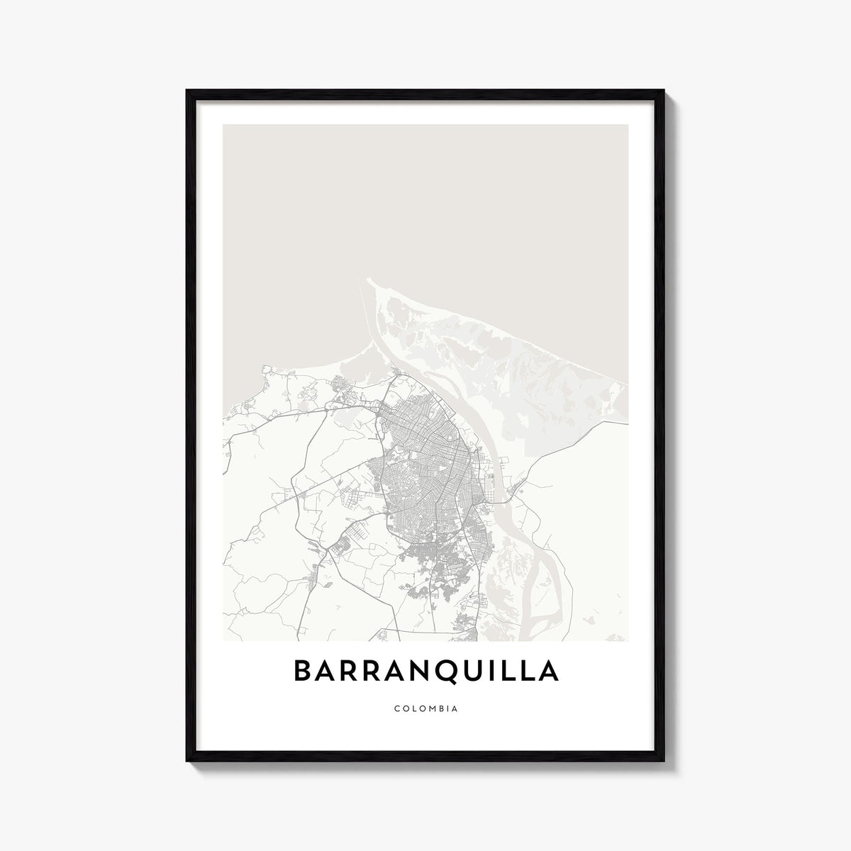 Barranquilla black & white map poster of Colombia – vertical wall art, unframed print shown in interior mockup
