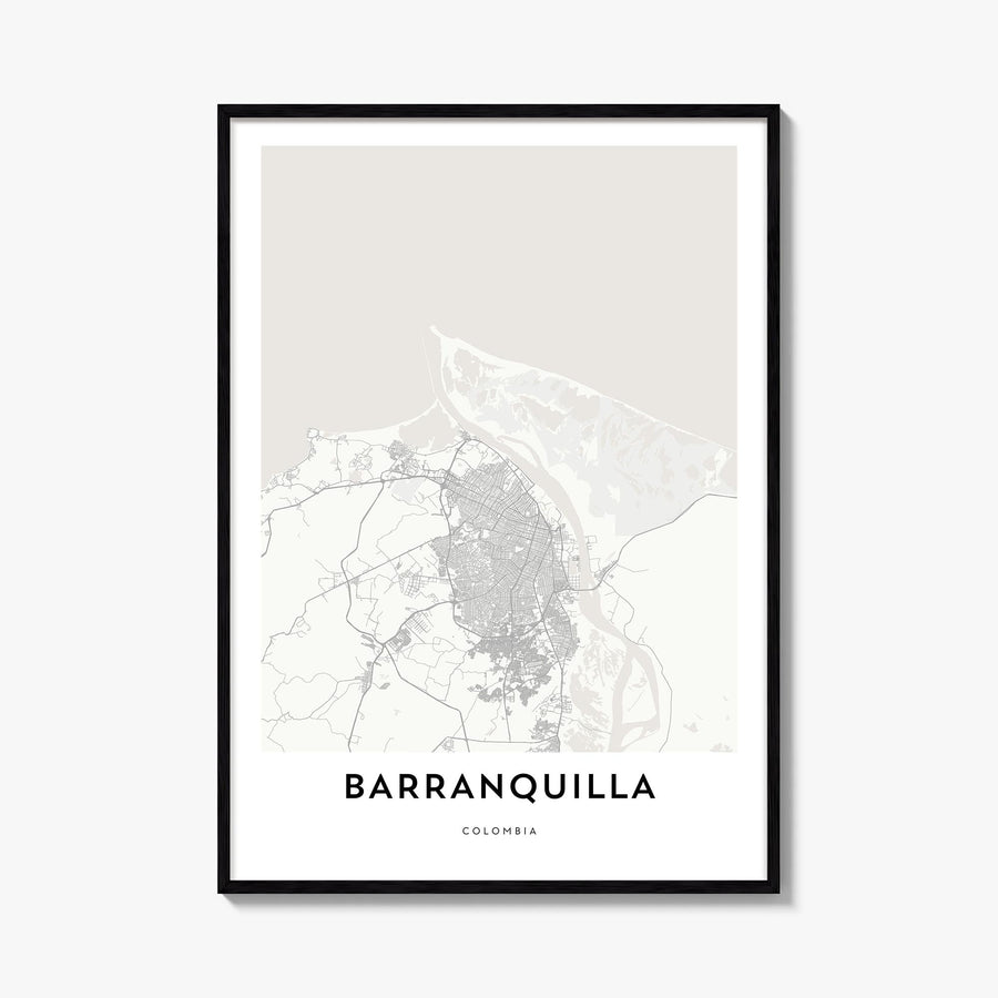 Barranquilla black & white map poster of Colombia – vertical wall art, unframed print shown in interior mockup