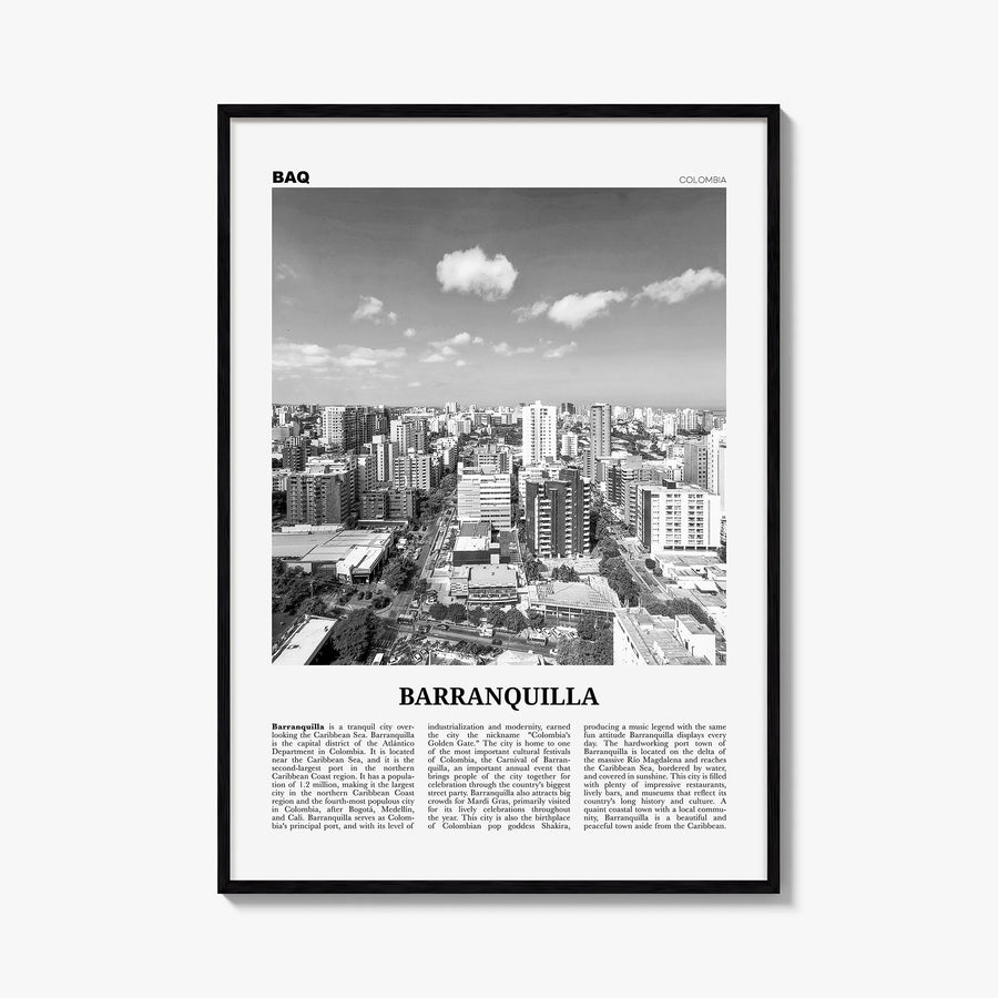 Barranquilla black & white newspaper poster of Colombia – vertical wall art, unframed print shown in interior mockup