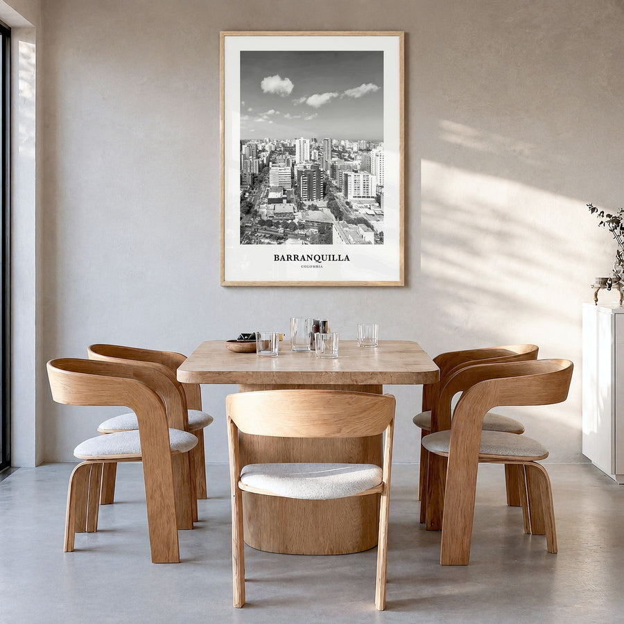 Barranquilla Classic Poster in a natural wood frame, hanging in a dining room