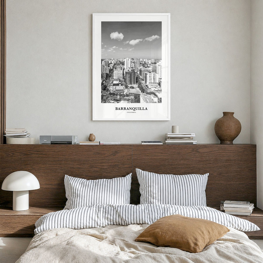 Barranquilla Classic Poster in a white wood frame, hanging in a bedroom