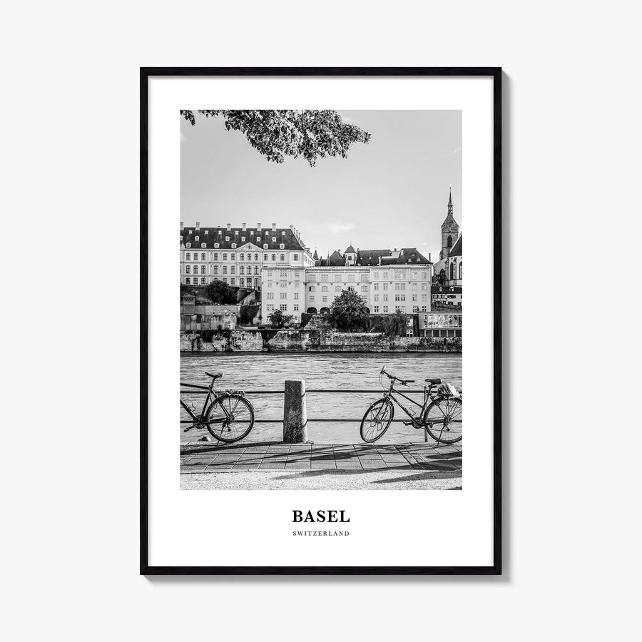 Basel black & white classic poster of Switzerland – vertical wall art, unframed print shown in interior mockup