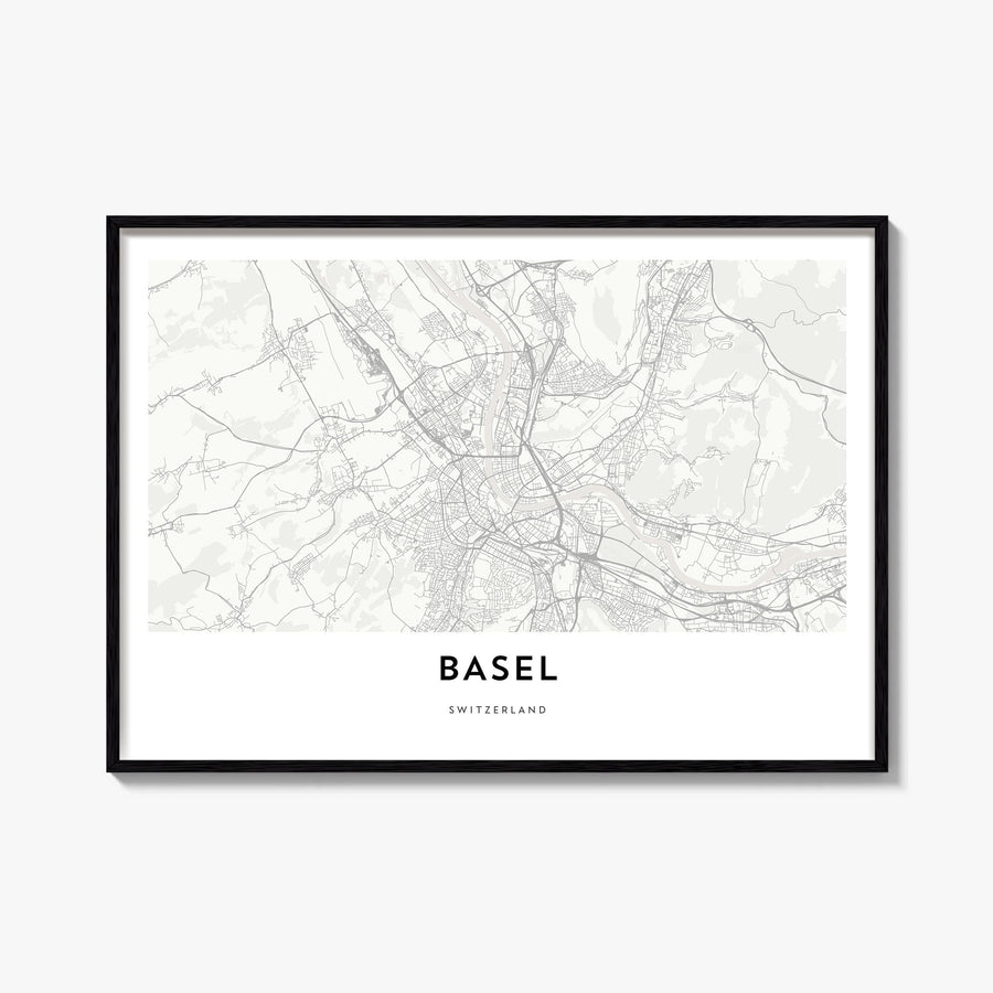 Basel black & white map poster of Switzerland – horizontal wall art, unframed print shown in interior mockup