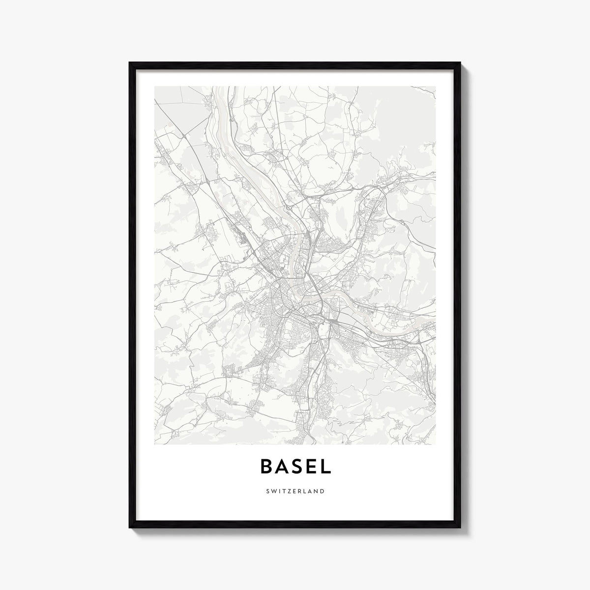 Basel black & white map poster of Switzerland – vertical wall art, unframed print shown in interior mockup