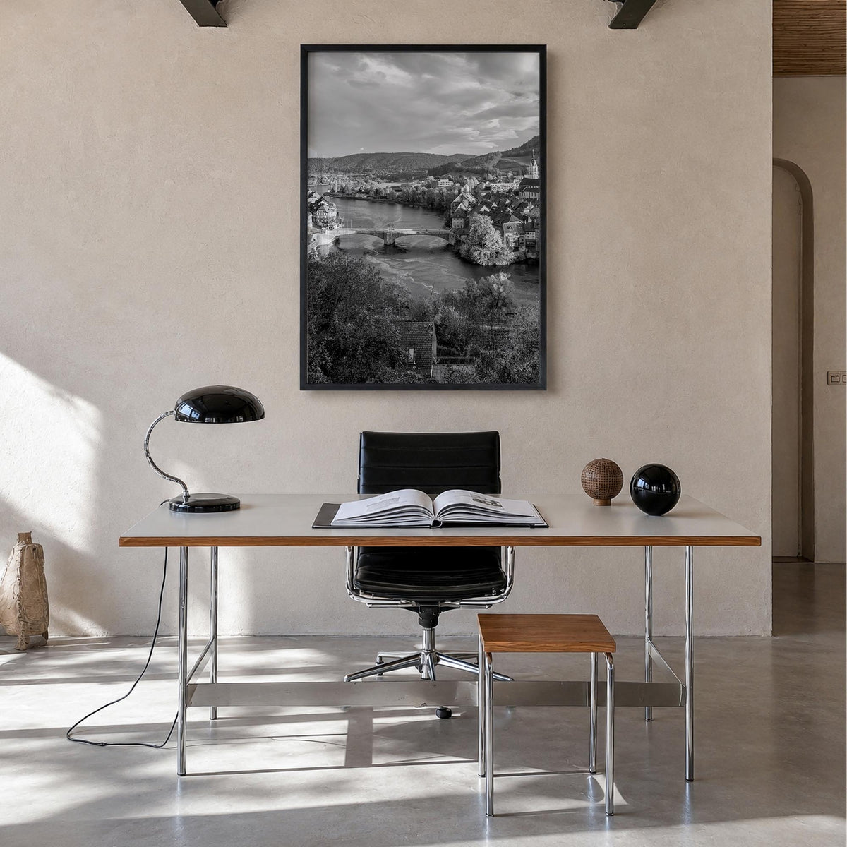 Basel black & white photo poster of Switzerland – vertical wall art in black wood frame, hanging on wall