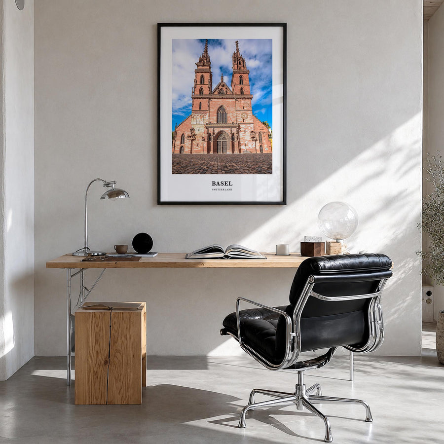 Basel colorful classic poster of Switzerland – vertical wall art in black wood frame, hanging on wall
