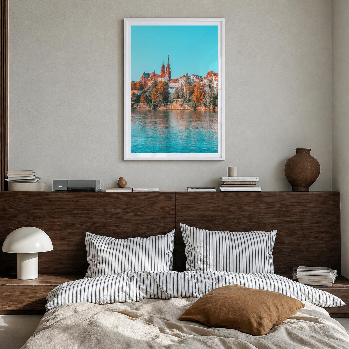 Basel colorful photo poster of Switzerland – vertical wall art in white wood frame with white border, hanging on wall