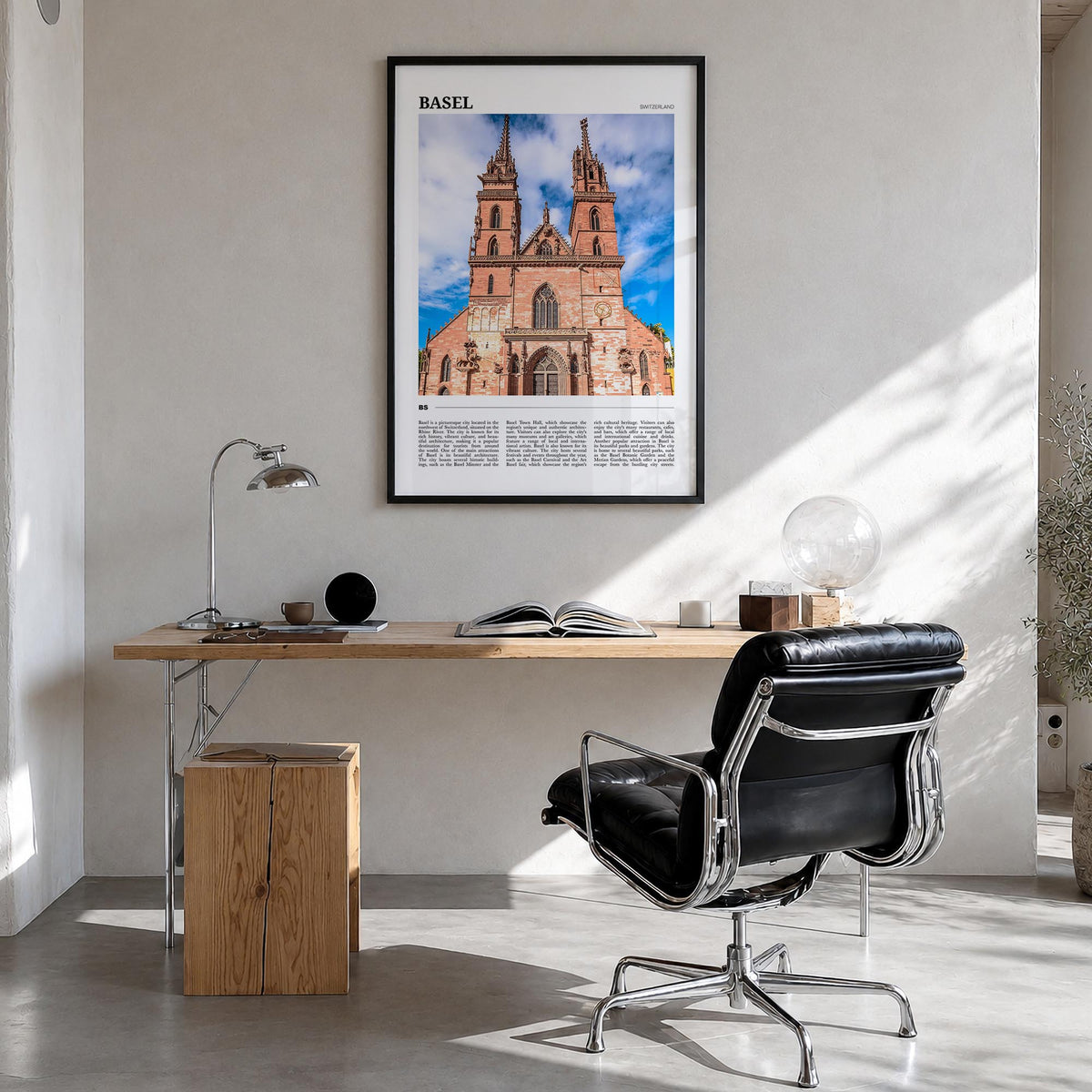 Basel colorful travel poster of Switzerland – vertical wall art in black wood frame, hanging on wall