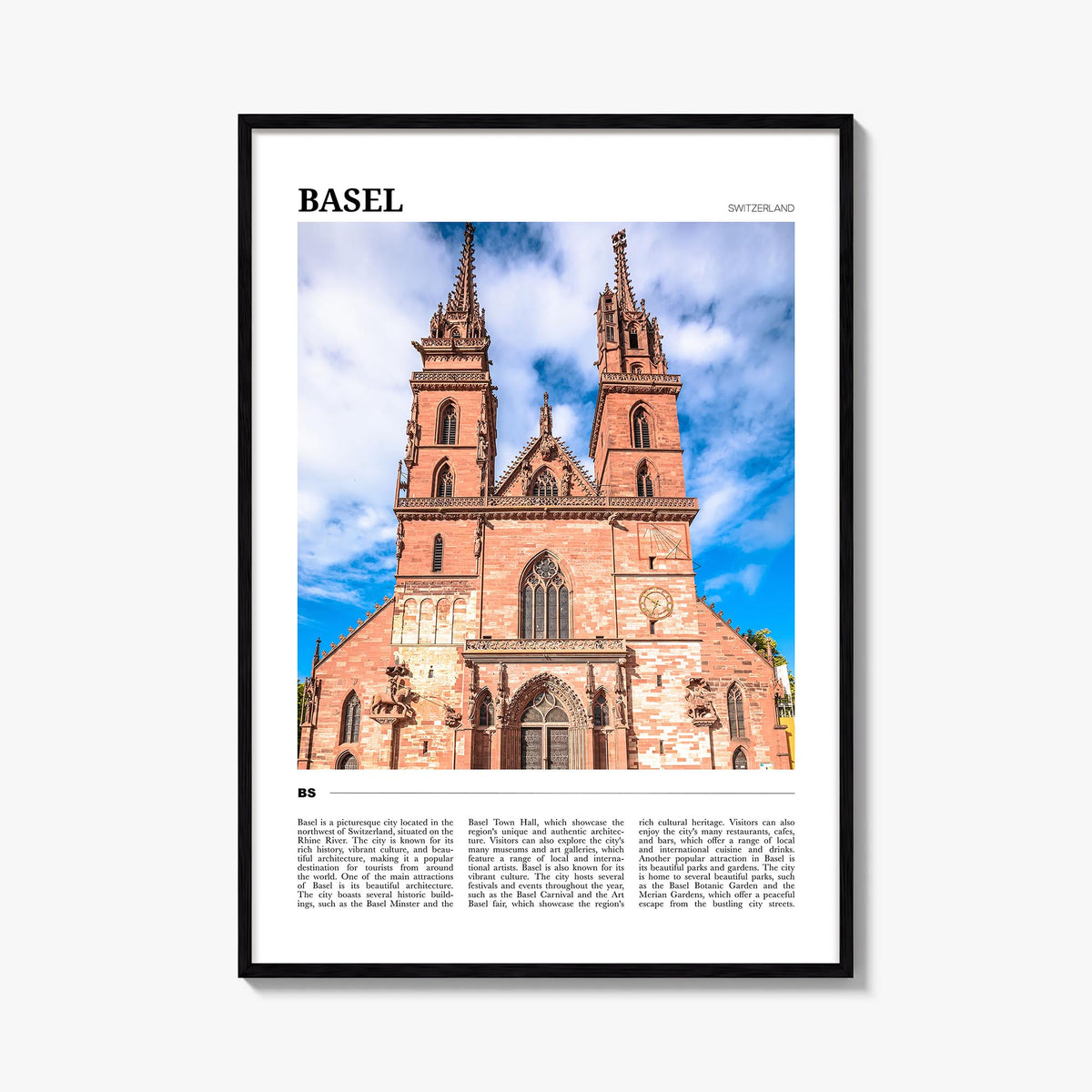 Basel colorful travel poster of Switzerland – vertical wall art, unframed print shown in interior mockup
