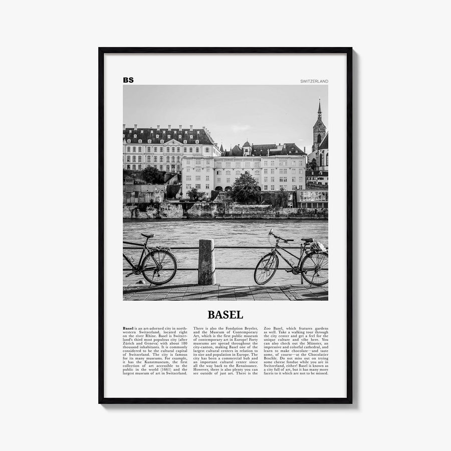 Basel no. 1 black & white newspaper poster of Switzerland – vertical wall art, unframed print shown in interior mockup