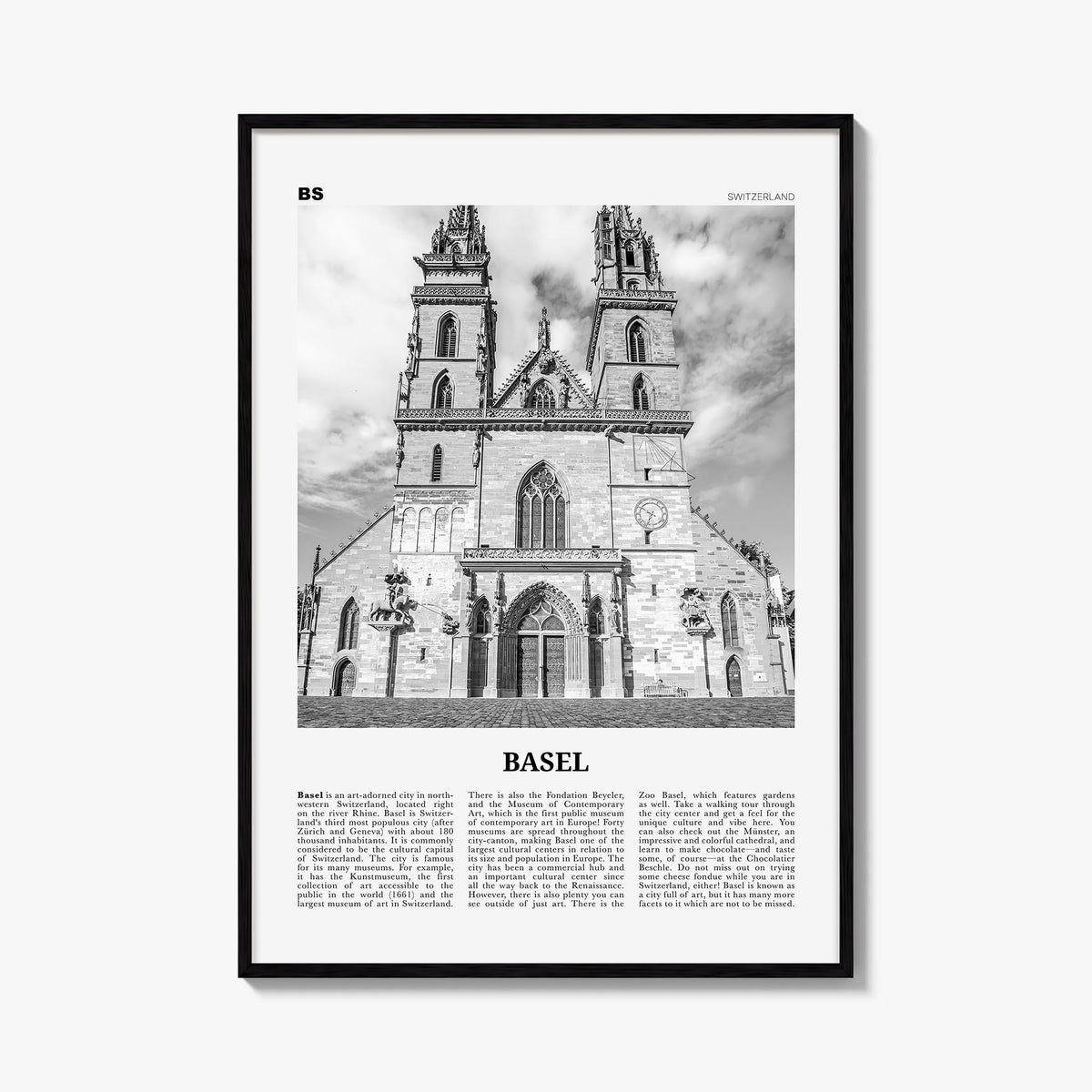 Basel no. 2 black & white newspaper poster of Switzerland – vertical wall art, unframed print shown in interior mockup