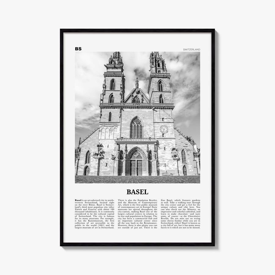 Basel no. 2 black & white newspaper poster of Switzerland – vertical wall art, unframed print shown in interior mockup