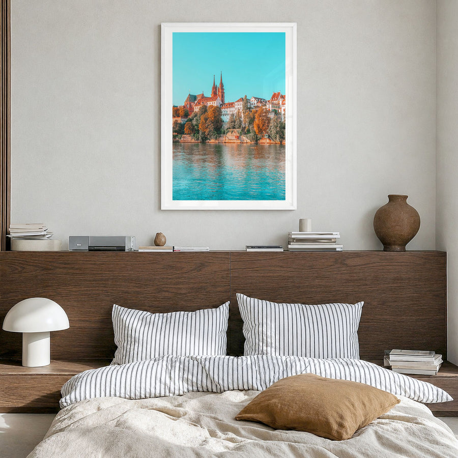 Basel Photo Poster in a white wood frame, hanging in a bedroom, white border