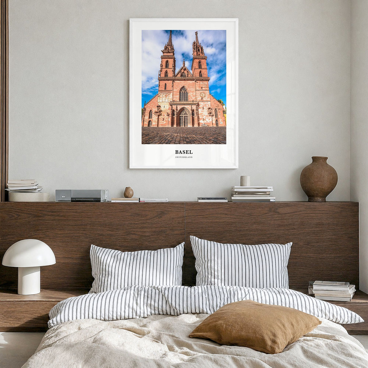 Basel Classic Poster in a white wood frame, hanging in a bedroom