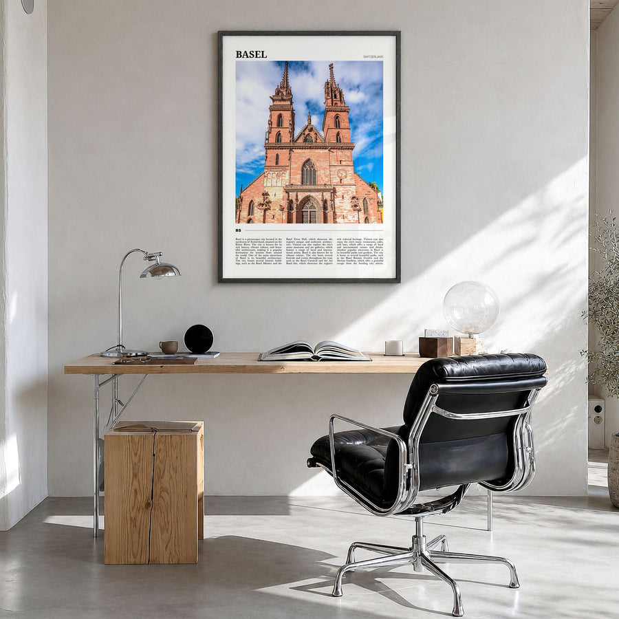 Basel Travel Poster in a black wood frame, hanging in a bright home office