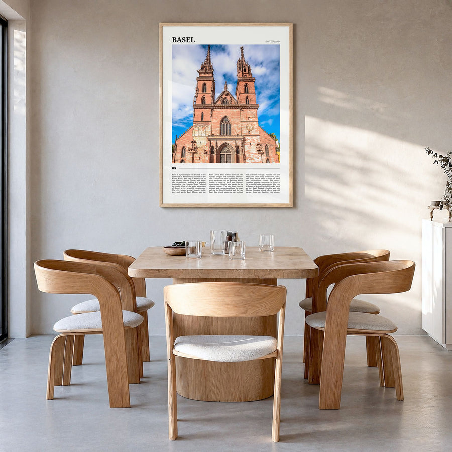 Basel Travel Poster in a natural wood frame, hanging in a dining room