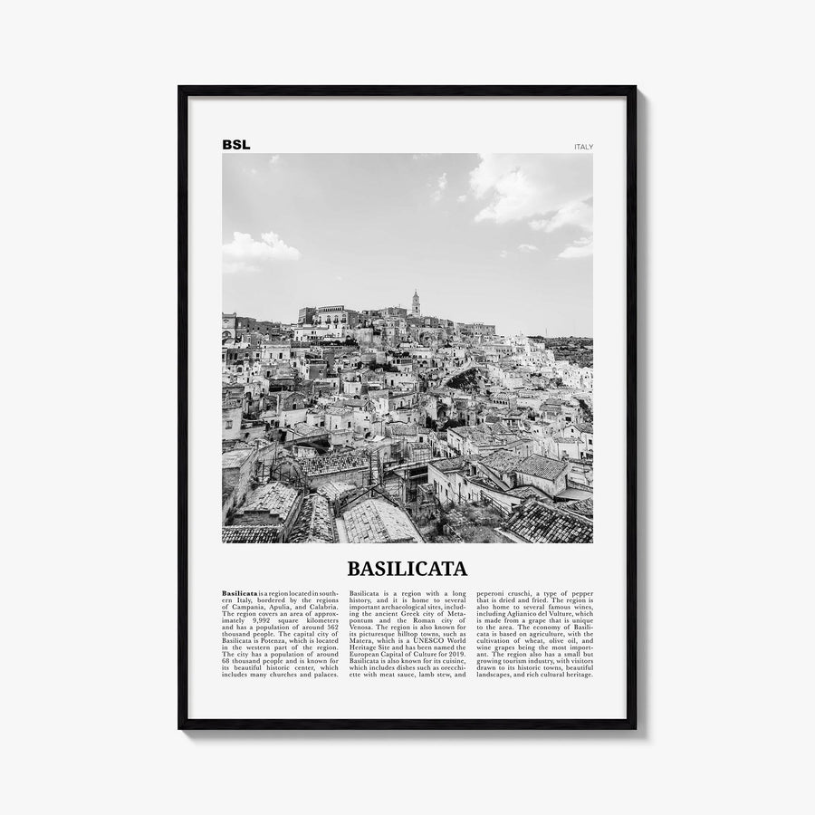 Basilicata black & white newspaper poster of Italy – vertical wall art, unframed print shown in interior mockup
