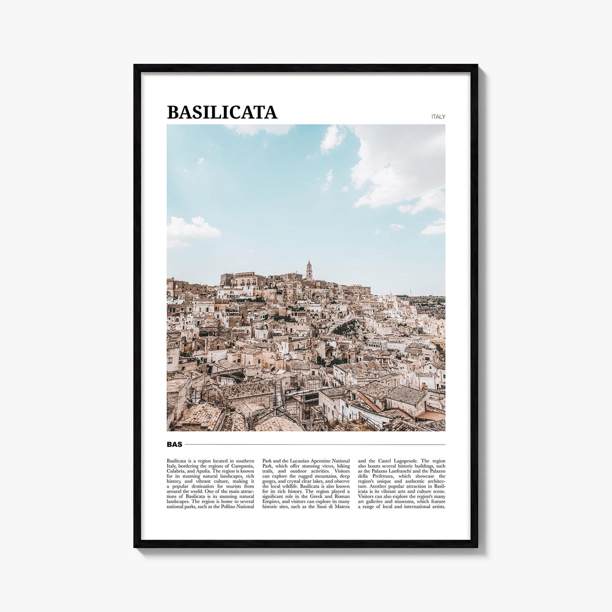 Basilicata colorful travel poster of Italy – vertical wall art, unframed print shown in interior mockup