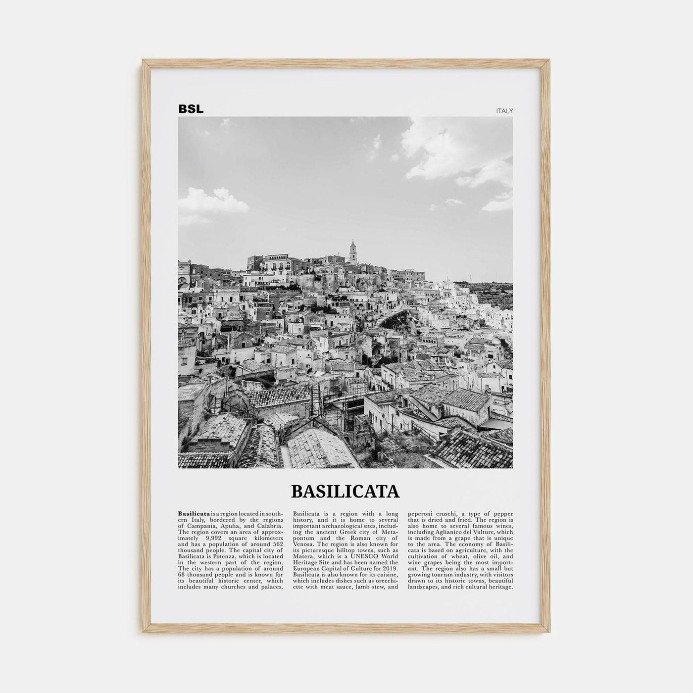 Basilicata Poster Natural Wood / 8x12 in Nbourhood Travel B&W Poster