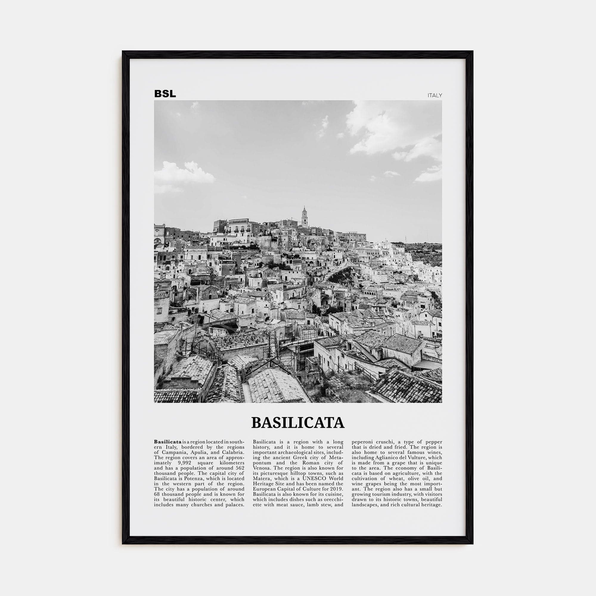 Basilicata Poster Black Wood / 8x12 in Nbourhood Travel B&W Poster