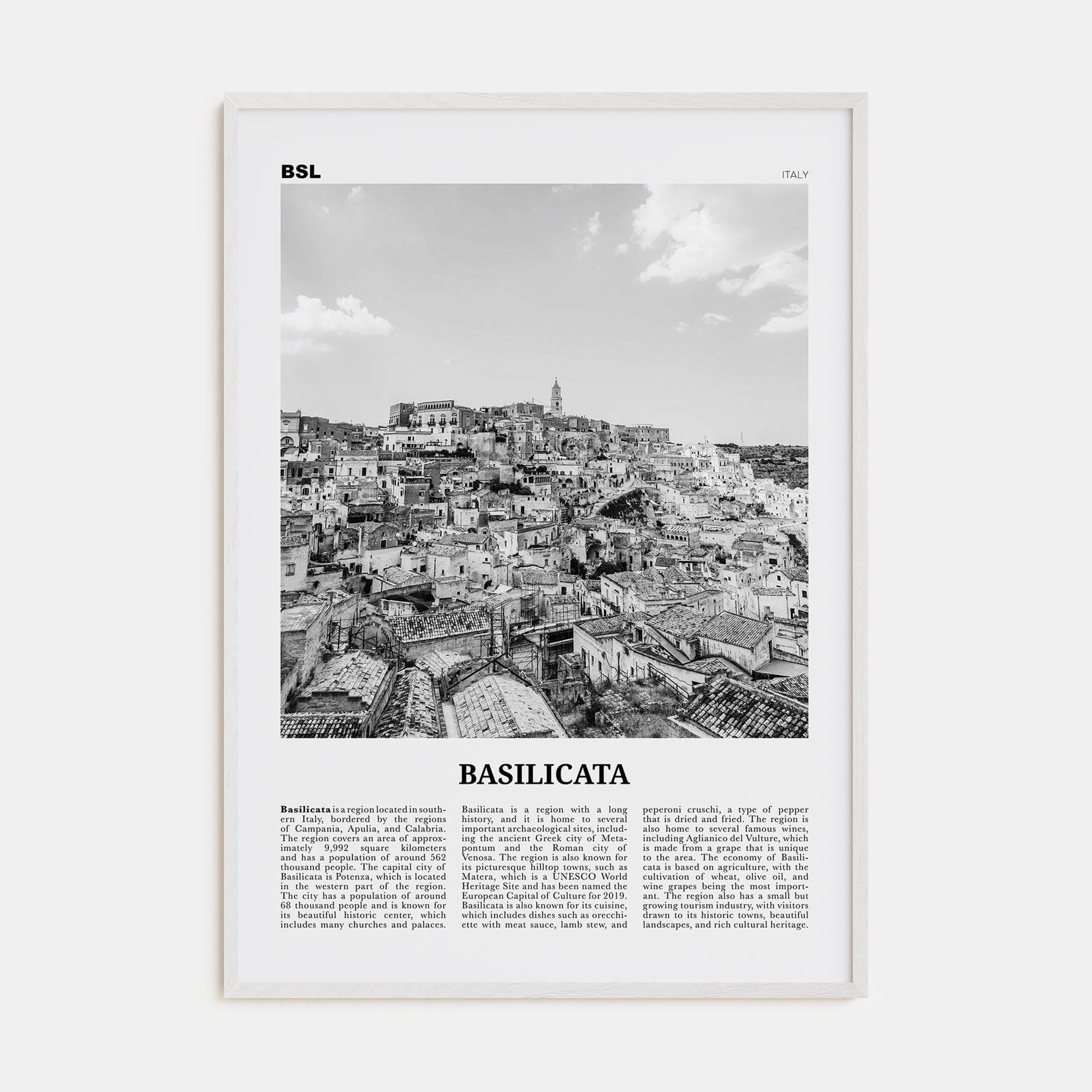 Basilicata Poster White Wood / 8x12 in Nbourhood Travel B&W Poster