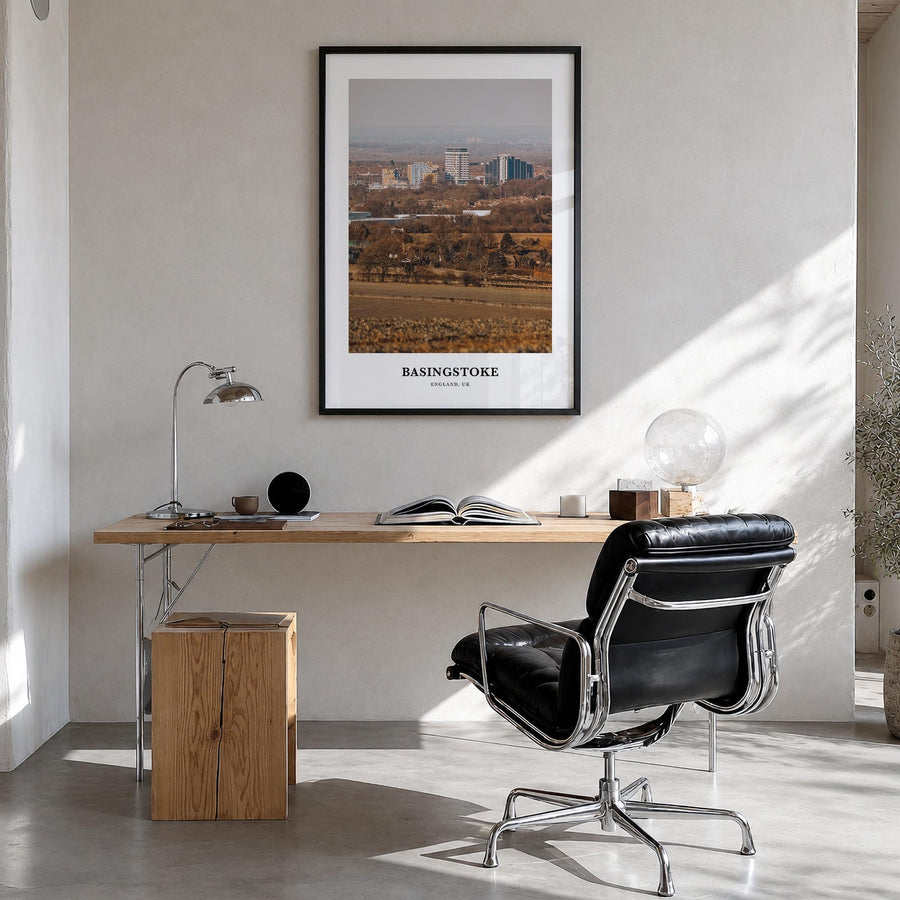 Basingstoke colorful classic poster of United Kingdom – vertical wall art in black wood frame, hanging on wall