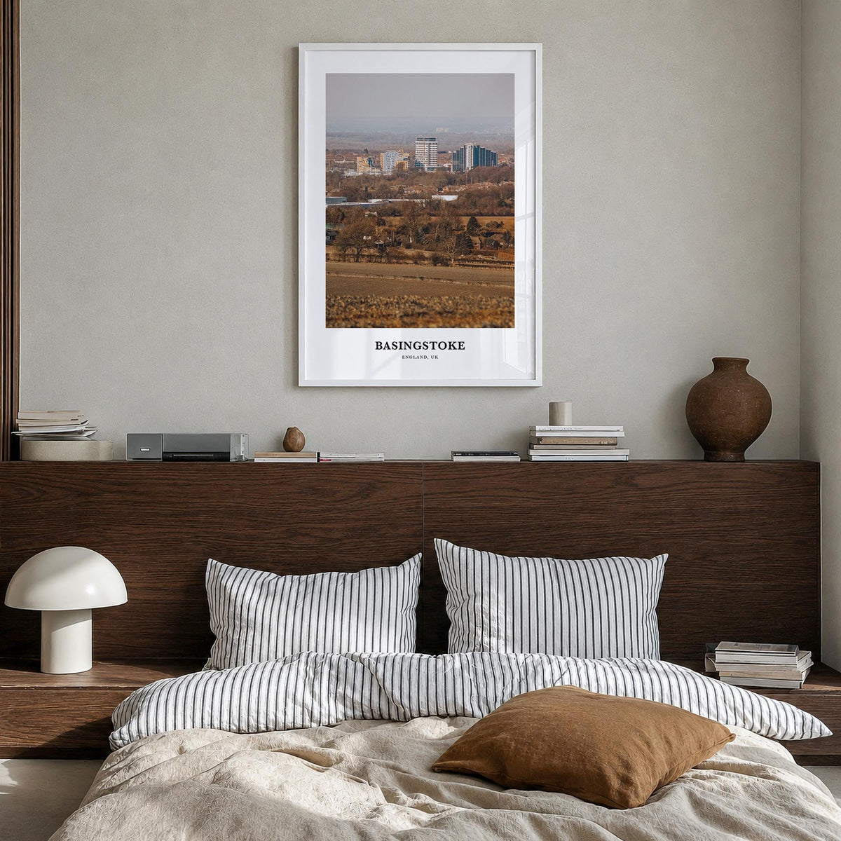 Basingstoke colorful classic poster of United Kingdom – vertical wall art in white wood frame, hanging on wall