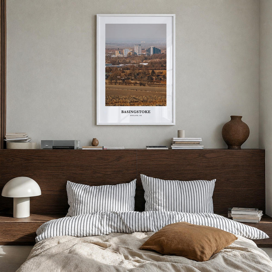 Basingstoke colorful classic poster of United Kingdom – vertical wall art in white wood frame, hanging on wall