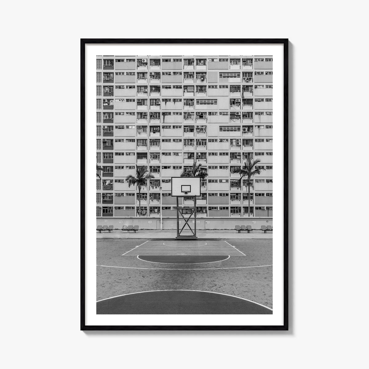 Basketball Court no. 1 black & white photo poster – vertical wall art, unframed print shown in interior mockup