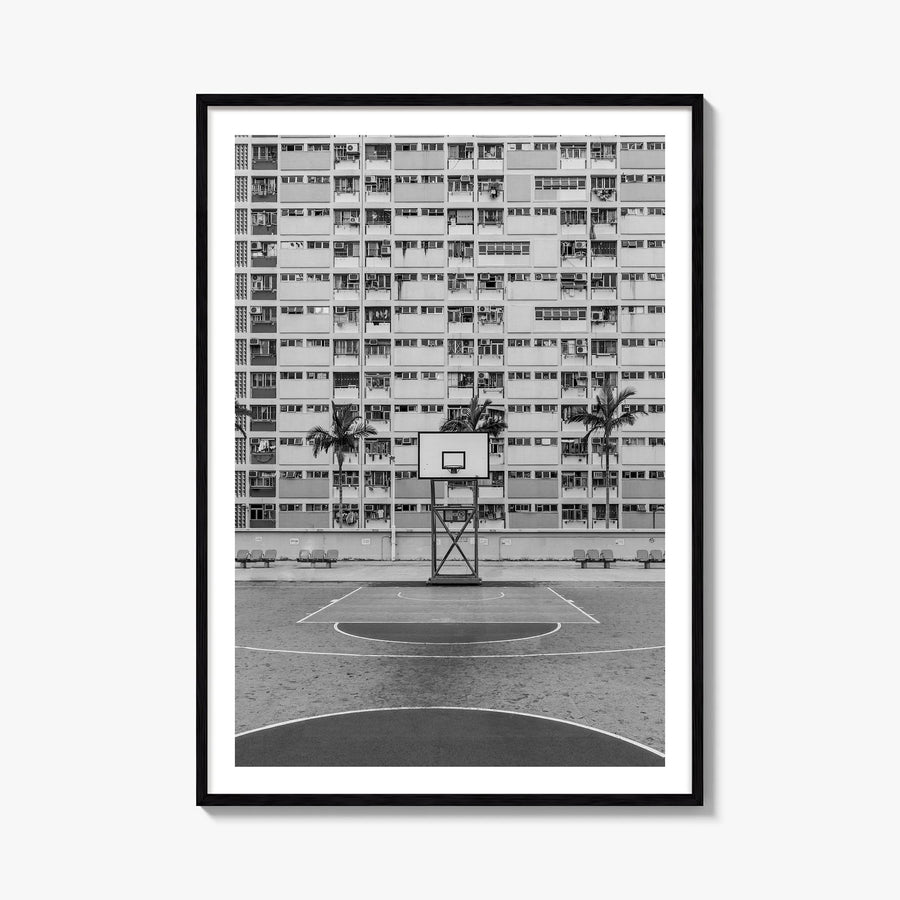 Basketball Court no. 1 black & white photo poster – vertical wall art, unframed print shown in interior mockup