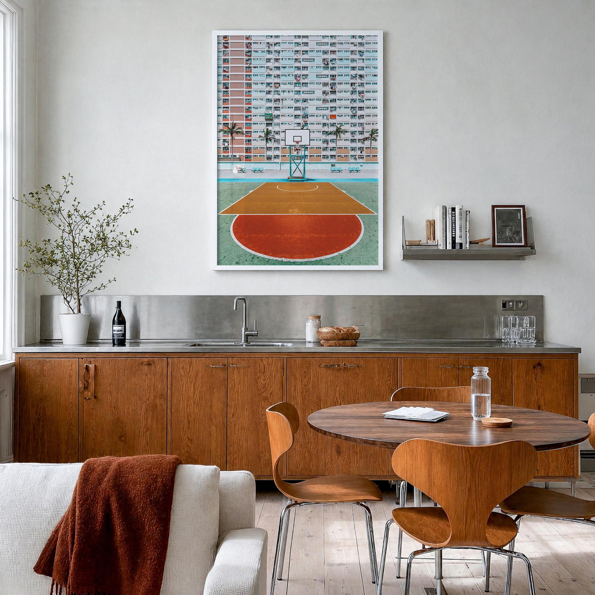 Basketball Court no. 1 colorful photo poster – vertical wall art in white wood frame, hanging on wall