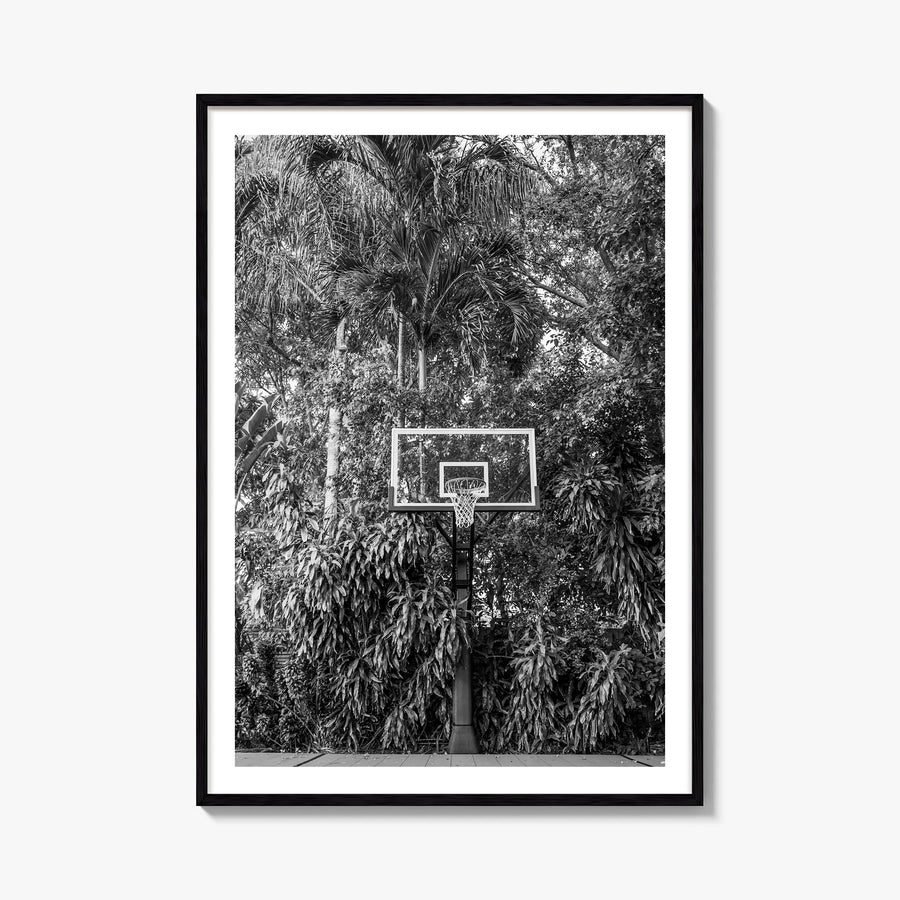 Basketball Court no. 2 black & white photo poster – vertical wall art, unframed print shown in interior mockup