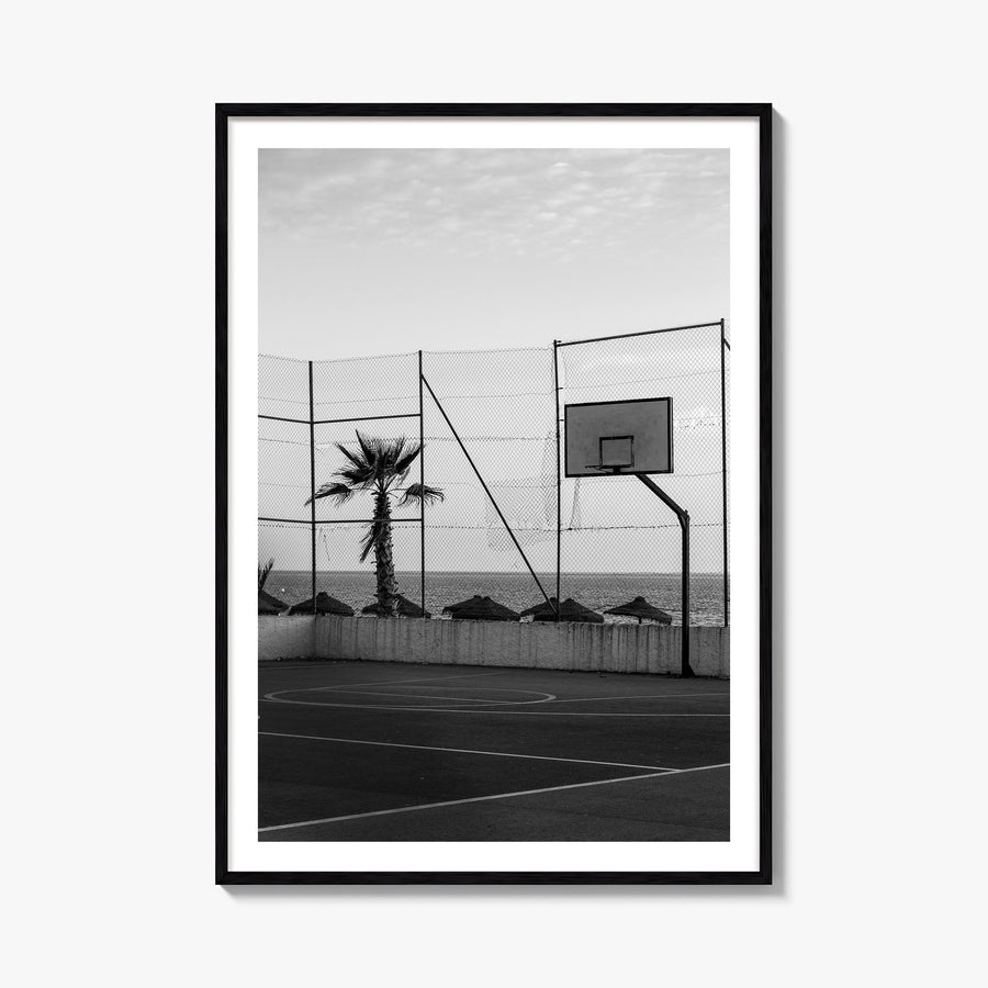 Basketball Court no. 3 black & white photo poster – vertical wall art, unframed print shown in interior mockup
