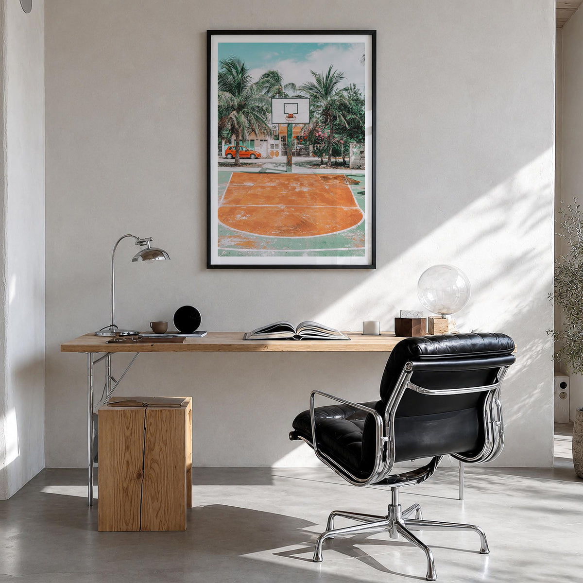 Basketball Court no. 3 colorful photo poster – vertical wall art in black wood frame with white border, hanging on wall