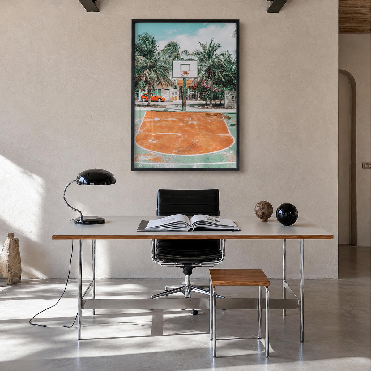 Basketball Court no. 3 colorful photo poster – vertical wall art in black wood frame, hanging on wall